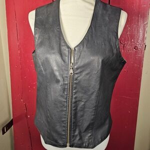 Styleworks Womens Black Genuine Leather Zip Front Vest Size M
